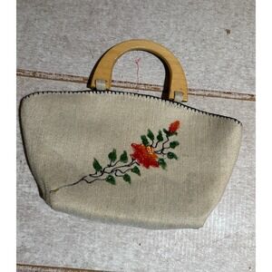 Vintage Hand-Painted Floral‎ Handbag with Wooden Handles – Tan, Zip Closure